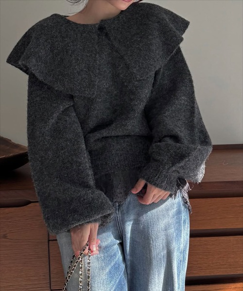 WILLFULLY（ウィルフリー）の「overlay big collar volume sleeve knit（ニット/セーター・レディース・チャコール/ベビーピンク/ライトブルー・FREE）」の17枚目の写真