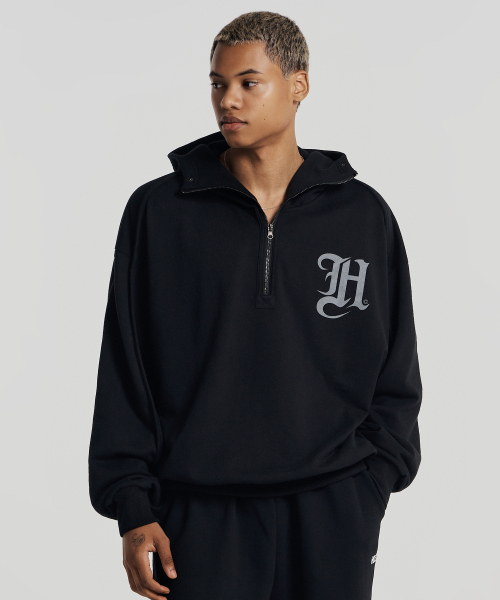 Lettering High Neck Hoodie Half Zip-Up (Black)（ジャージ）｜HDEX