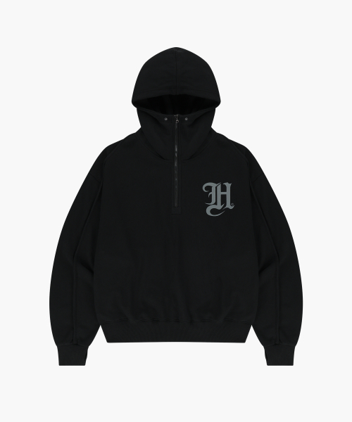 Lettering High Neck Hoodie Half Zip-Up (Black)（ジャージ）｜HDEX