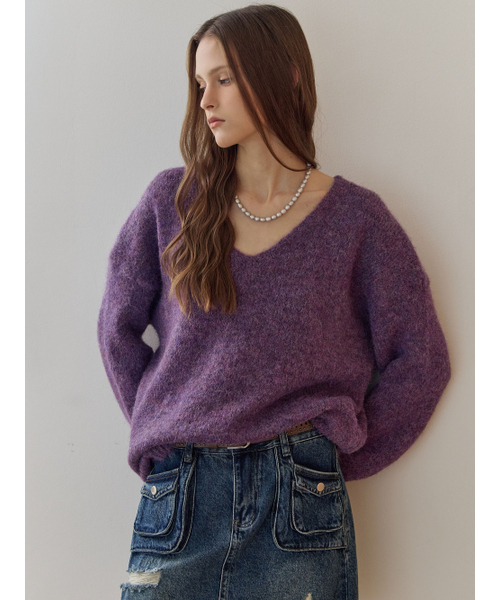MAXZA(マージャコレクション)の「Vネックルーズフィットニット&ショールセット(ニット/セーター・レディース・バイオレット/ブラウン・FREE)」の3枚目の写真