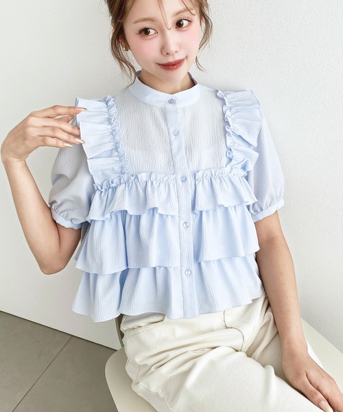 moment+(モーメントプラス)の「クレーププリーツ半袖フリルビスチェ風ブラウス(シャツ/ブラウス・レディース・オフホワイト/サックスブルー/ブラック・M)」の18枚目の写真