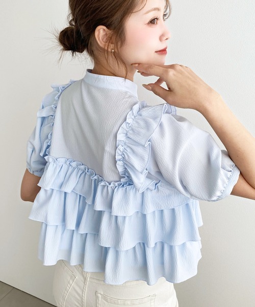 moment+(モーメントプラス)の「クレーププリーツ半袖フリルビスチェ風ブラウス(シャツ/ブラウス・レディース・オフホワイト/サックスブルー/ブラック・M)」の17枚目の写真