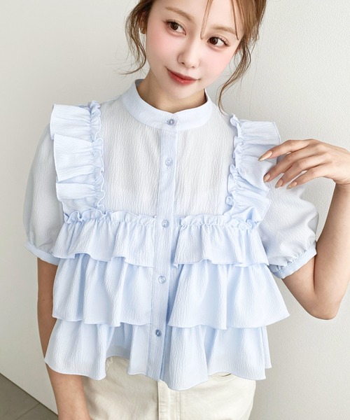 moment+(モーメントプラス)の「クレーププリーツ半袖フリルビスチェ風ブラウス(シャツ/ブラウス・レディース・オフホワイト/サックスブルー/ブラック・M)」の15枚目の写真