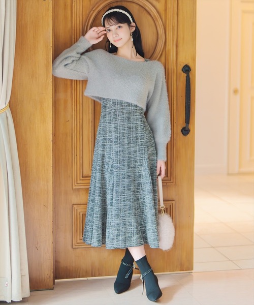 WILLSELECTION(ウィルセレクション)の「カットツイードワンピース×フェザーニットSET(ワンピース・レディース・ブルー/ラベンダー/ベージュ/ピンク・FREE)」の2枚目の写真