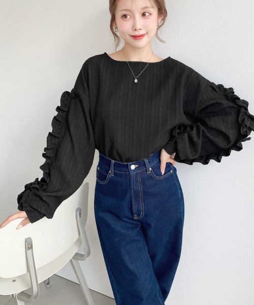 moment+(モーメントプラス)の「ブロックジャガードボリュームフリルスリーブロングTシャツ(Tシャツ/カットソー・レディース・ナチュラル/ブラック/ネイビー/オフホワイト・M)」の19枚目の写真