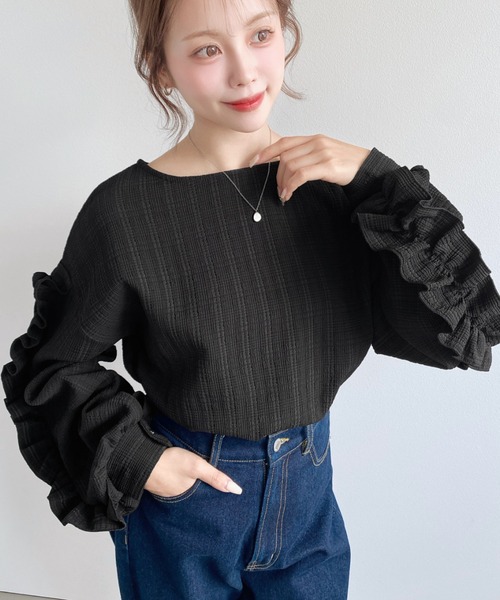 moment+(モーメントプラス)の「ブロックジャガードボリュームフリルスリーブロングTシャツ(Tシャツ/カットソー・レディース・ナチュラル/ブラック/ネイビー/オフホワイト・M)」の16枚目の写真