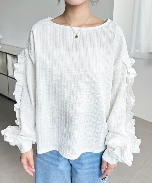 moment+(モーメントプラス)の「ブロックジャガードボリュームフリルスリーブロングTシャツ(Tシャツ/カットソー・レディース・ナチュラル/ブラック/ネイビー/オフホワイト・M)」の10枚目の写真