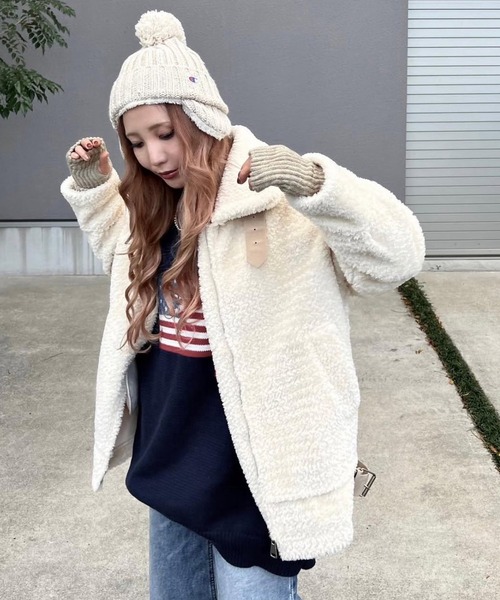 merrylatte（メリーラテ）の「ベルトデザインパイピングムートンファージャケット【Primaras】（その他アウター・レディース・ダークブラウン/アイボリー・M/L）」の2枚目の写真