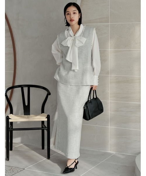 Re:EDIT（リエディ）の「[大きいサイズ有]モノトーンツイードVネックベスト（ベスト・レディース・ブラック/アイボリー・MEDIUM/LARGE/X-LARGE）」の11枚目の写真