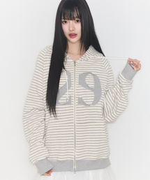 ILLIGO（イリゴ）の「129 ロゴパッチ フードパーカー ジップアップ ストライプ アイボリー（パーカー）」