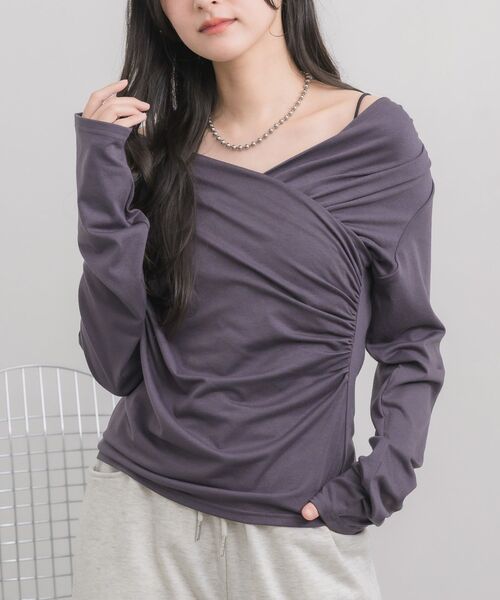 RETRO GIRL(レトロガール)の「ドレープデザインCT(Tシャツ/カットソー・レディース・チャコールグレー/ナチュラル/ピンク・FREE)」の2枚目の写真
