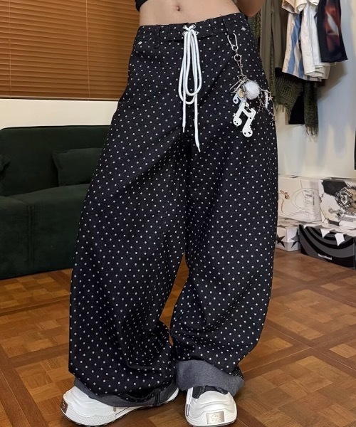 ドット柄ウエストレースアップワイドデニムパンツ