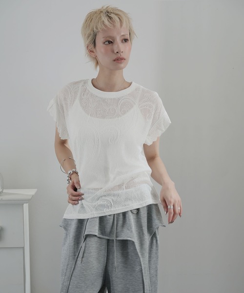 Ulysses(ユリシス)の「ニュアンスシアー フレンチレースブラウス(Tシャツ/カットソー・レディース・ホワイト/ブラック・F)」の9枚目の写真