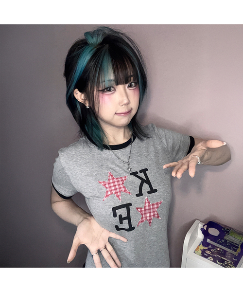 KKEEE(ケーケーイーイー)の「KEツースターパッチリンガー半袖Tシャツ(Tシャツ/カットソー・レディース・グレー/ホワイト・FREE)」の2枚目の写真