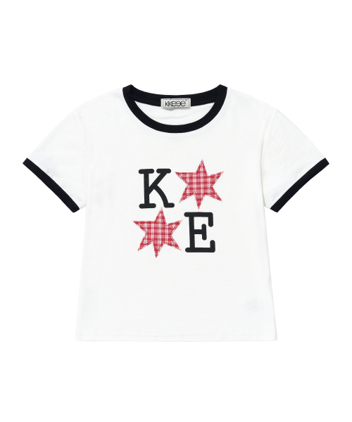 KKEEE(ケーケーイーイー)の「KEツースターパッチリンガー半袖Tシャツ(Tシャツ/カットソー・レディース・グレー/ホワイト・FREE)」の3枚目の写真