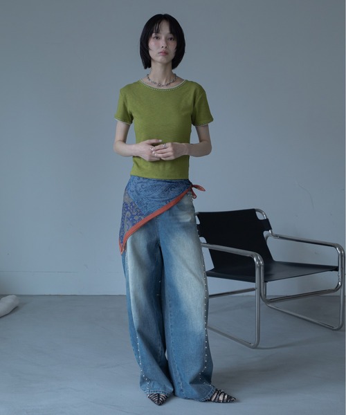 VACANCY(ヴァカンシー)の「ウェーブステッチ配色シンプルTシャツ(Tシャツ/カットソー・レディース・ホワイト/ブラック/グリーン・FREE)」の9枚目の写真