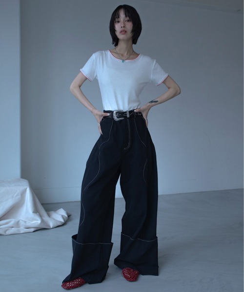 VACANCY(ヴァカンシー)の「ウェーブステッチ配色シンプルTシャツ(Tシャツ/カットソー・レディース・ホワイト/ブラック/グリーン・FREE)」の4枚目の写真