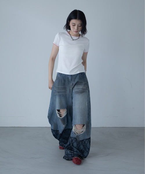 VACANCY(ヴァカンシー)の「ウェーブステッチ配色シンプルTシャツ(Tシャツ/カットソー・レディース・ホワイト/ブラック/グリーン・FREE)」の21枚目の写真