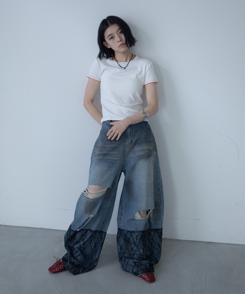 VACANCY(ヴァカンシー)の「ウェーブステッチ配色シンプルTシャツ(Tシャツ/カットソー・レディース・ホワイト/ブラック/グリーン・FREE)」の22枚目の写真