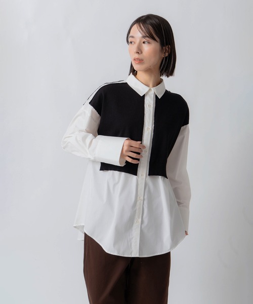 Kelen(ケレン)の「「KELEN / ケレン」パネルデザインニットコンビブラウス(シャツ/ブラウス・レディース・オフホワイト/サックスブルー/ベージュ・S/M)」の1枚目の写真