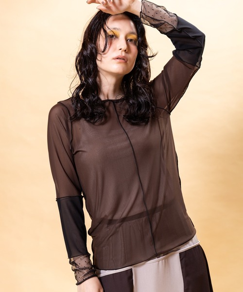 OSMOSIS（オズモーシス）の「ドットメッシュ切替メロー長袖Tシャツ（Tシャツ/カットソー・レディース・ブラウン/ブラック/グレー・ONE SIZE）」の7枚目の写真