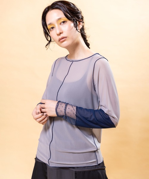 OSMOSIS（オズモーシス）の「ドットメッシュ切替メロー長袖Tシャツ（Tシャツ/カットソー・レディース・ブラウン/ブラック/グレー・ONE SIZE）」の9枚目の写真