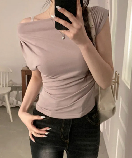 VIVID LADY(ビビッドレディー)の「ドレープネック 半袖トップス(Tシャツ/カットソー・レディース・ホワイト/ベージュ/ブラック/チャコールグレー・FREE)」の21枚目の写真