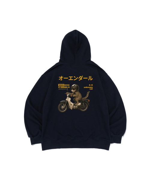 OUNDERR（オアンダーアール）の「[起毛選択] RIDING BIKE CAT オーバーサイズ フードパーカー (ネイビー)（パーカー・レディース・その他・SMALL/MEDIUM/LARGE/X-LARGE/S/M/L/XL）」の3枚目の写真