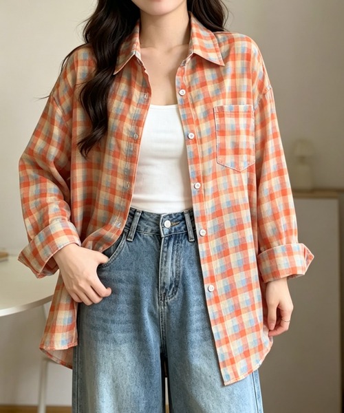 AMAJI(アマジ)の「チェック柄 ポロカラー ルーズシルエット シアー 長袖シャツ(シャツ/ブラウス・レディース・オレンジ・FREE)」の3枚目の写真