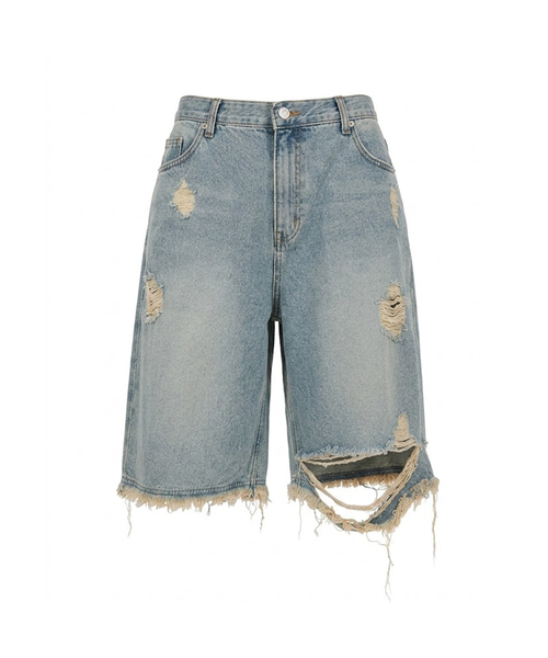 PROJECT WAVE(プロジェクトウェーブ)の「Button Half Damge Denim Pant(デニムパンツ・レディース・ブルー・FREE)」の1枚目の写真
