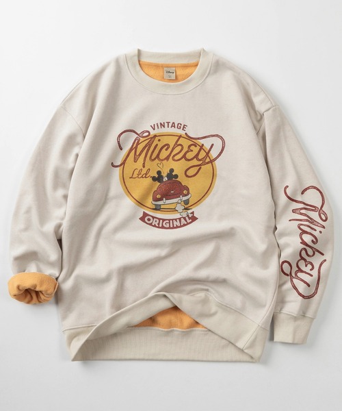 Disney(ディズニー)の「【71】【Disney/ディズニー】 ミッキーマウス 裏配色 レトロプリント クルーネック アメカジ スウェット/オーバーサイズ/古着風/古着MIX/ユニセックス/レディース/メンズ(スウェット・メンズ・ベージュ/ブラック/ブラウン/ブラック系・L/M/XL)」の1枚目の写真