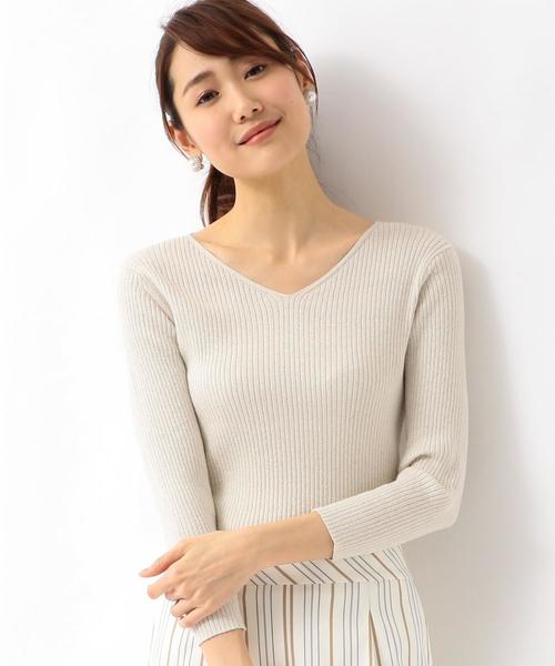 green label relaxing（グリーンレーベルリラクシング）の「D ラメ リブ Vネック ニット ◆（ニット/セーター・レディース・グレー/ナチュラル/ライラック・FREE）」の2枚目の写真