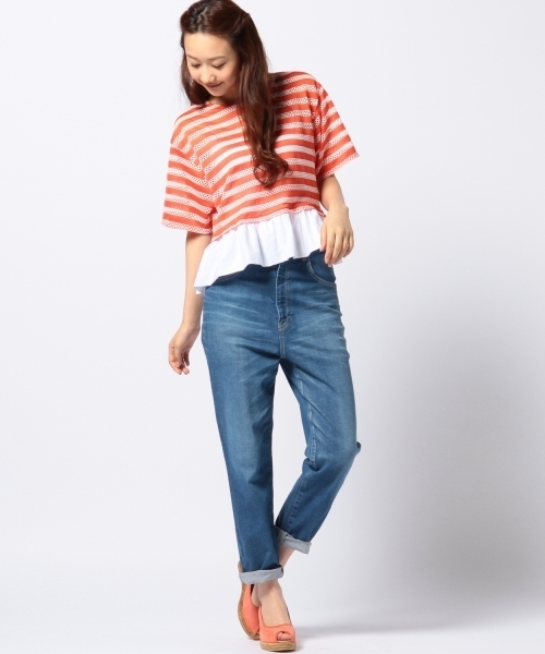 Another Edition（アナザーエディション）の「AE メッシュBOR ペプラム T ◆（Tシャツ/カットソー・レディース・オレンジ/ネイビー/グレー・フリー）」の12枚目の写真