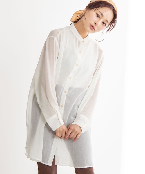 WEGO(ウィゴー)の「WEGO/バンドカラーシアーシャツ(シャツ/ブラウス・レディース・ブラック/カーキ/アイボリー・FREE)」の2枚目の写真