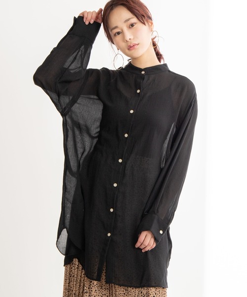 WEGO(ウィゴー)の「WEGO/バンドカラーシアーシャツ(シャツ/ブラウス・レディース・ブラック/カーキ/アイボリー・FREE)」の3枚目の写真