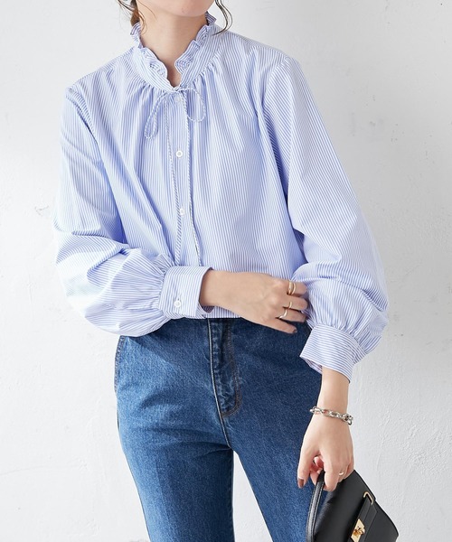 DISCOAT（ディスコート）の「【WEB限定】スタンドフリルストライプブラウス（シャツ/ブラウス・レディース・ホワイト/ストライプ/ネイビー/ブラック/ライトブルー・FREE）」の21枚目の写真