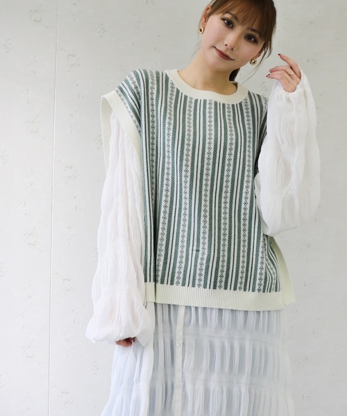 Per sist ence（パーシエンス）の「Per sist ence/パーシエンス　コットンアクリルジャガード クルーネックニットベスト（ベスト・レディース・グリーン/アイボリー/ブラック・FREE）」の3枚目の写真