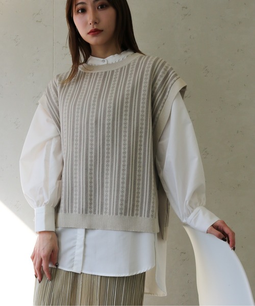 Per sist ence（パーシエンス）の「Per sist ence/パーシエンス　コットンアクリルジャガード クルーネックニットベスト（ベスト・レディース・グリーン/アイボリー/ブラック・FREE）」の6枚目の写真