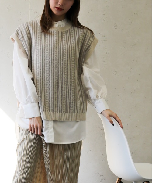 Per sist ence（パーシエンス）の「Per sist ence/パーシエンス　コットンアクリルジャガード クルーネックニットベスト（ベスト・レディース・グリーン/アイボリー/ブラック・FREE）」の7枚目の写真