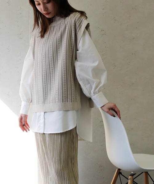 Per sist ence（パーシエンス）の「Per sist ence/パーシエンス　コットンアクリルジャガード クルーネックニットベスト（ベスト・レディース・グリーン/アイボリー/ブラック・FREE）」の9枚目の写真