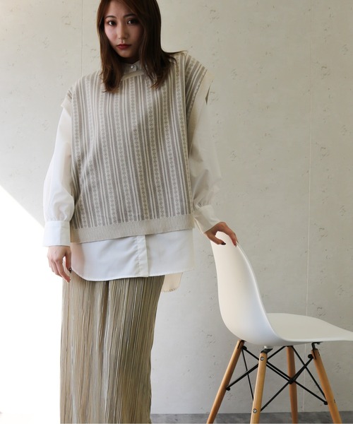 Per sist ence（パーシエンス）の「Per sist ence/パーシエンス　コットンアクリルジャガード クルーネックニットベスト（ベスト・レディース・グリーン/アイボリー/ブラック・FREE）」の10枚目の写真