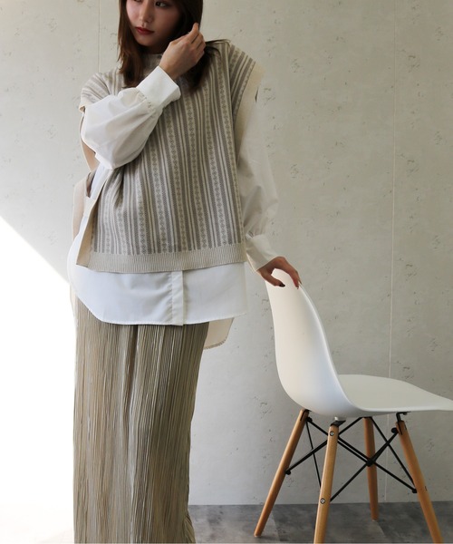 Per sist ence（パーシエンス）の「Per sist ence/パーシエンス　コットンアクリルジャガード クルーネックニットベスト（ベスト・レディース・グリーン/アイボリー/ブラック・FREE）」の11枚目の写真