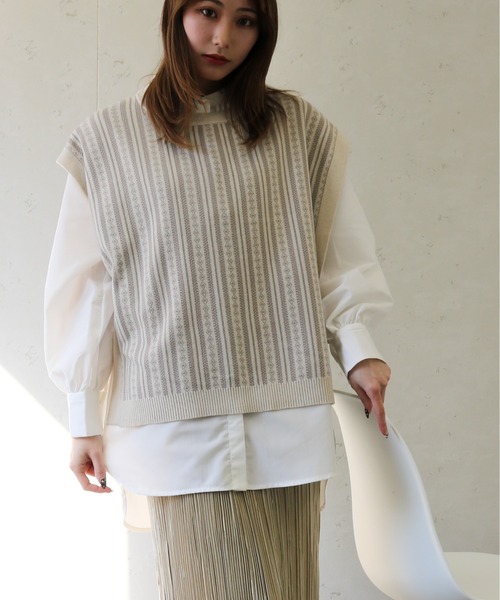 Per sist ence（パーシエンス）の「Per sist ence/パーシエンス　コットンアクリルジャガード クルーネックニットベスト（ベスト・レディース・グリーン/アイボリー/ブラック・FREE）」の15枚目の写真