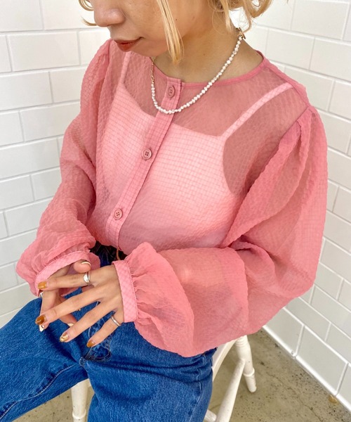 CIAOPANIC(チャオパニック)の「シアーチェックショートブラウス(シャツ/ブラウス・レディース・オフホワイト/グリーン/ピンク/ブラック・FREE)」の5枚目の写真