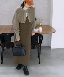 【forksy.】配色畔ニットクロップドカーディガン&ジャンパースカート アンサンブルワンピース
