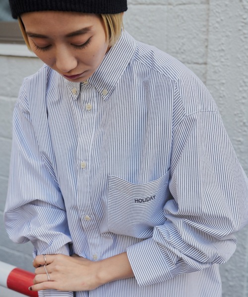 Auntie Rosa Holiday（アンティローザホリデー）の「ボタンダウンオーバーサイズシャツ（シャツ/ブラウス・レディース・ブルー/ブラック/チェック/アイボリー/ブラック系その他/ストライプ・FREE）」の3枚目の写真