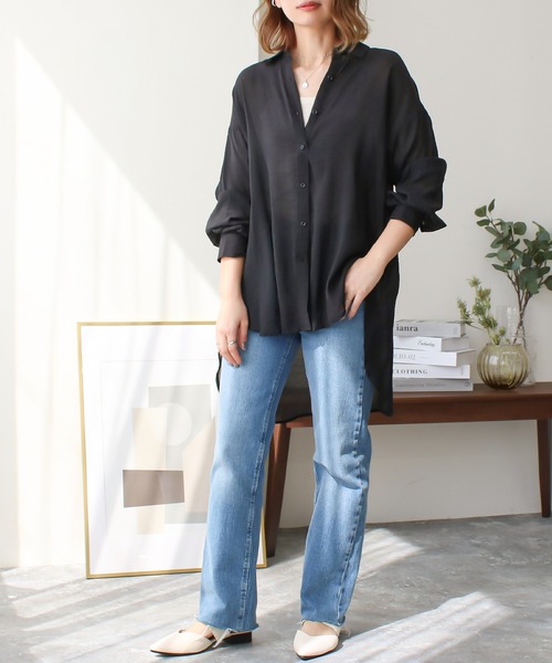 Social GIRL(ソーシャルガール)の「2WAYオープンスリーブシアーシャツ オーバーサイズシャツ 長袖(シャツ/ブラウス・レディース・オフホワイト/ブラック/グレイッシュベージュ・M)」の5枚目の写真