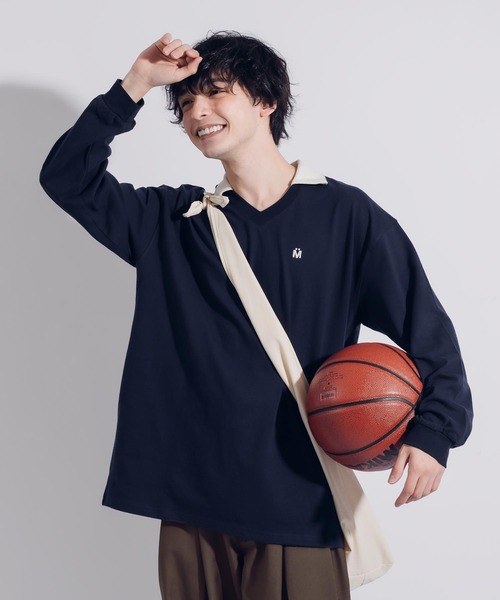 MUHET(ミュエータ)の「襟付きVネックロンT(Tシャツ/カットソー・レディース・ネイビー/ライトベージュ・X-LARGE/MEDIUM)」の2枚目の写真