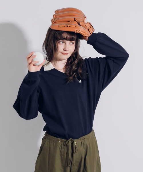 MUHET(ミュエータ)の「襟付きVネックロンT(Tシャツ/カットソー・レディース・ネイビー/ライトベージュ・X-LARGE/MEDIUM)」の7枚目の写真