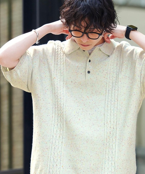 MONO-MART（モノマート）の「ケーブルラインビッグニットポロシャツ（ポロシャツ・メンズ・ベージュ/ライトカーキ/アイボリー/ブラック/グレー系その他/スモークピンク/アイボリー系/アッシュブラウン・M/L）」の6枚目の写真